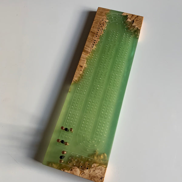 Handmade cribbage board of MAPLE BURL + avocado green epoxy resin