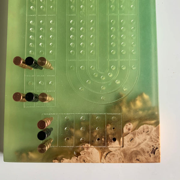 Handmade cribbage board of MAPLE BURL + avocado green epoxy resin