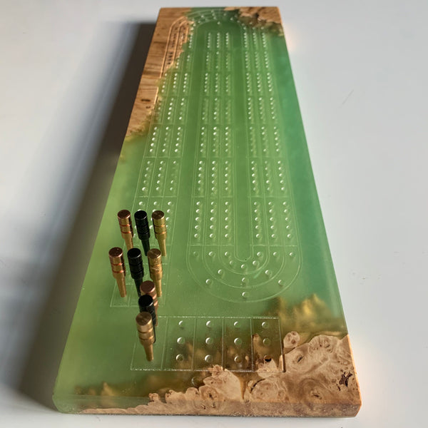 Handmade cribbage board of MAPLE BURL + avocado green epoxy resin
