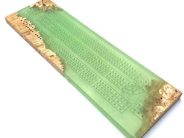 Handmade cribbage board of MAPLE BURL + avocado green epoxy resin