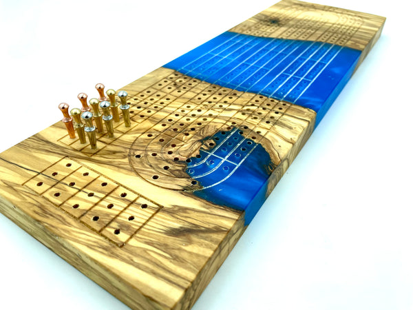 Incredible cribbage board of OLIVE WOOD + maui blue epoxy resin | metal pegs with storage included | engraving available