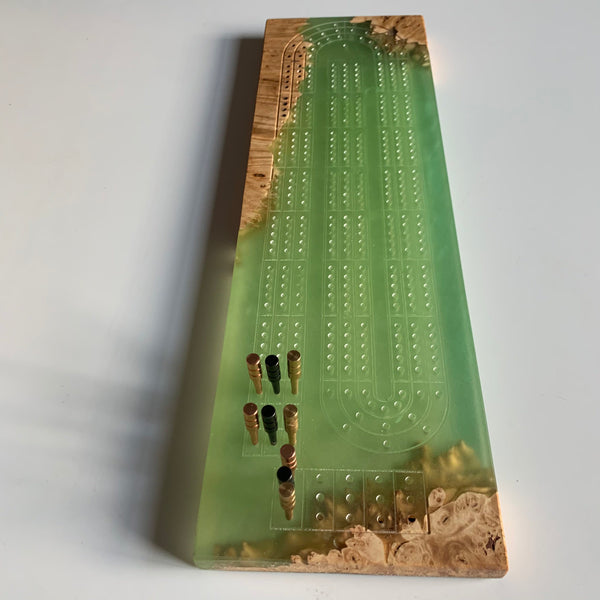 Handmade cribbage board of MAPLE BURL + avocado green epoxy resin