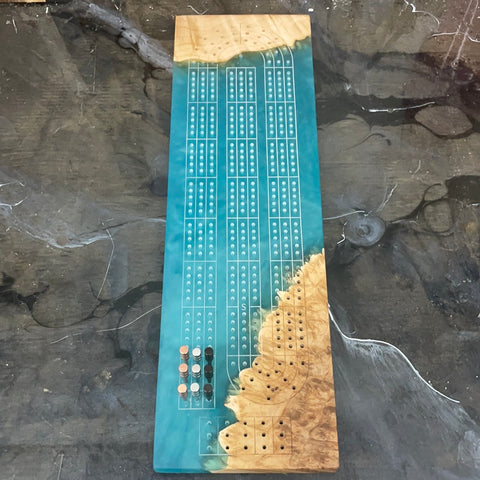 Custom BURL + colour resin cribbage board
