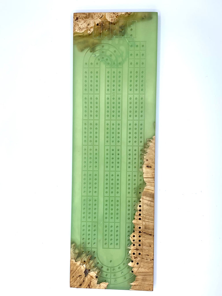 Handmade cribbage board of MAPLE BURL + avocado green epoxy resin – Maple  Leaf Wood Co
