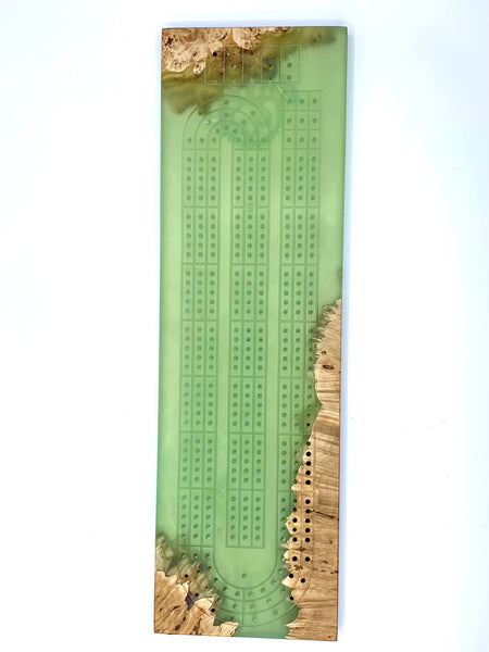 Handmade cribbage board of MAPLE BURL + avocado green epoxy resin