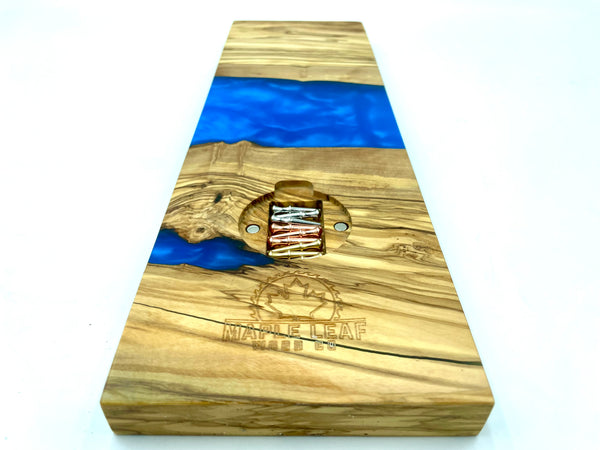 Incredible cribbage board of OLIVE WOOD + maui blue epoxy resin | metal pegs with storage included | engraving available